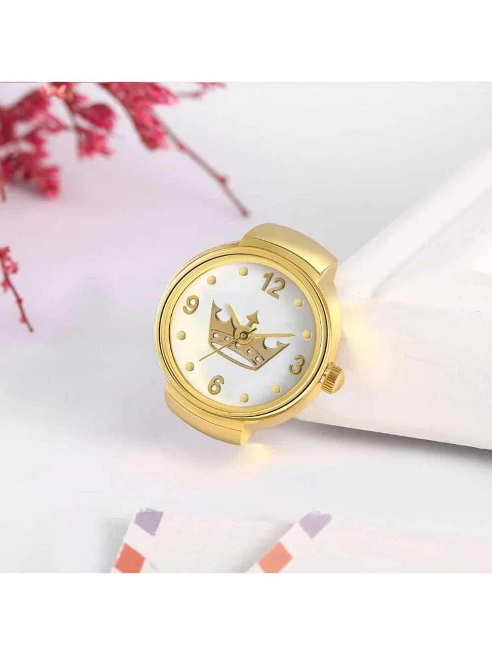 Unisex Gold Analog Quartz Plated Elastic Crown Simple Round Finger Ring Watch